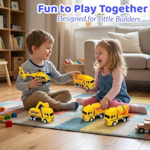 Image of SHAKTISM Construction Vehicle Set of 6 Mini Body Models - Durable Construction Truck Toys for Kids 6 PCS Yellow JCB Construction Vehicle Set, Die-Cast Metal Body, Movable Parts