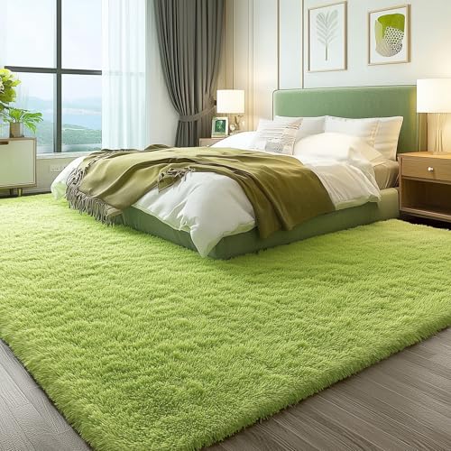 OLANLY 9x12 Machine Washable Large Area Rugs for Living Room, Bedroom, Soft Fluffy Shaggy Bedside Rug, Indoor Floor Carpet for Kids Girls and Boys, Dorms, Nursery, Home Decor Aesthetic, Grass Green