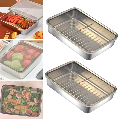 MININUSI 2 Pcs Recipiente Acero Inoxidable con Tapa 800ml Recipiente Nevera Fruta Recipiente Embutido Nevera Contenedores de Alimentos para Congelador Fiambrera Rectangular Envases para Fruta Carne