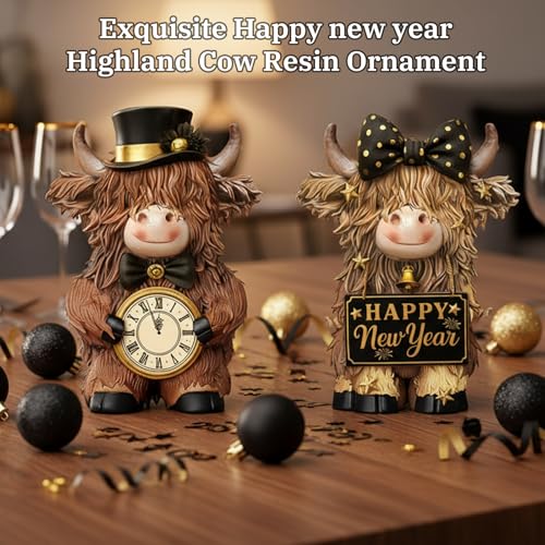 2 Pcs Happy New Year Highland Cow Figurines Decor, New Year Gifts - Image 2