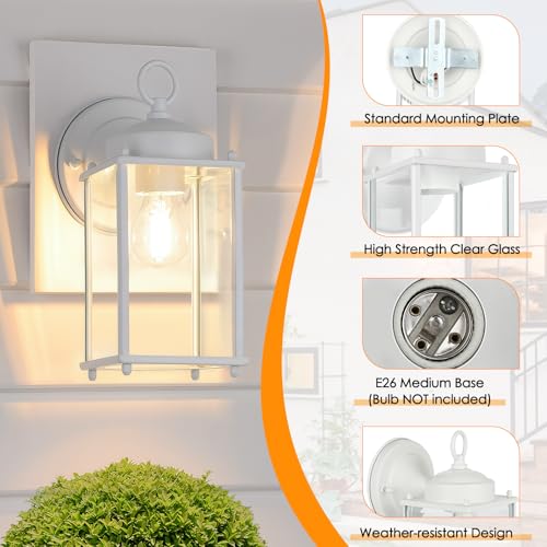 Image of MATAMEYE Large Outdoor Wall Lantern, Exterior Waterproof Wall Sconce Light Fixtures, White Front Door Lighting with Clear Beveled Glass, Anti-Rust E26 Socket Porch Lamp, 2 Pack