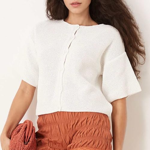 Ainangua Womens Casual Cardigan Summer Short Sleeve Crew Neck Button Down Knit Sweater Tops Lightweight Travel Outfits3