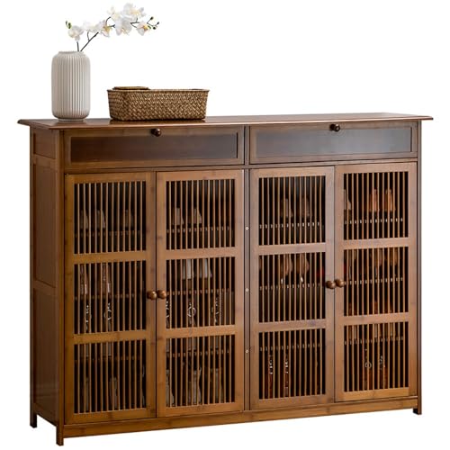 angelfanmily Armario Zapatero de Bambú Estilo Chino Moderno | 4 Niveles, Cajón Abatible y 4 Puertas Ventiladas + 2 Cajones Inferiores | para Recibidor, Pasillo y Hogares (Marrón, 130x35x100cm)