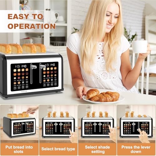 Image of 4 Slice Toaster Touch Screen, Stainless Steel Toasters Digital Timer, Dual Control Panel Toasters, 8 Shade Settings 6 Bread Types for Bagel, Cancel, Defrost 1650W Black