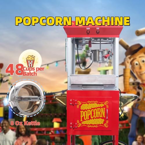 Image of Popcorn Machine with Cart, 8 Oz Kettle Makes Up to 2 Gallons, Vintage Popcorn Maker with Storage Cabinet, Movie Theater Style Popper for Commercial Home, Red
