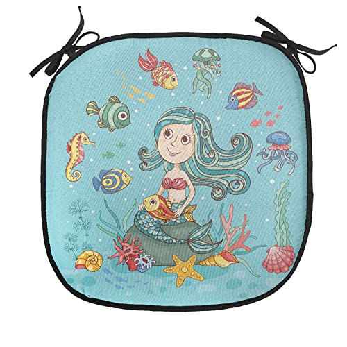 Lunarable Underwater Chair Cushion Pad, Cartoon Characters Fish and Seashells Mermaid Girl Rainbow Underwater Animals, Seat Padding for Kitchen & Patio with Anti-slip Backing, 16