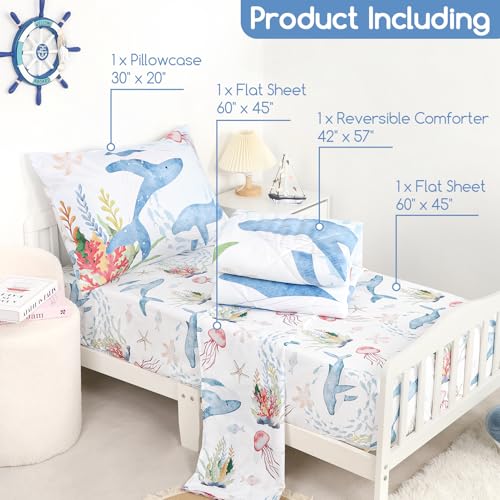 Image of 4 Piece Toddler Bedding Set, Ultra Soft and Breathable Toddler Comforter Sets for Boys & Girls, Crib Bedding Set Includes Quilted Comforter, Fitted Sheet, Flat Sheet and Pillowcase, Blue Ocean