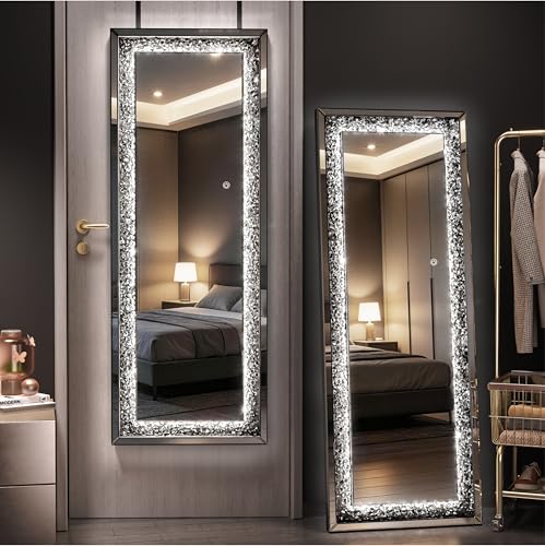 Batuso LED Over The Door Mirror Full Length 47x18 Crystal Crush Diamond Full Body Door Mirror with Lights Door Hanging & Wall Mounted Mirror for Bedroom Living Room Cloakroom