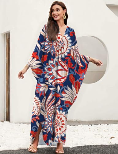 Image of MAKABO Kaftan Dresses for Women, V Neck Moo Moos Colorful Print Cover Ups Caftan Beach Dresses for Swimwear