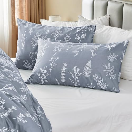MUXHOMO Duvet Cover King Size, Reversible Floral Grey Duvet Cover Set with Zipper Closure, 3 Pieces Botanical Patterns Soft Microfiber Bedding Set (90"x104", 2 Pillow Cases 20"×36")