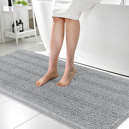 Image of OLANLY Thick Bathroom Runner Rugs 59x24, Absorbent Chenille Striped Bath Rugs, Rubber Backing, Machine Wash, Extra Long Bath Mats for Bathroom Floor, Tub and Shower, Home Decor Accessories, Light Grey