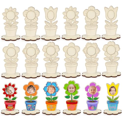 12 Sets Mothers Day Crafts for Kids Wood Color Your Own Mothers Day Frame Spring Flowers DIY Coloring Picture Frame Painting Sign Kits for Mom Birthday Gift Classroom Tabletop Activities Unfinished