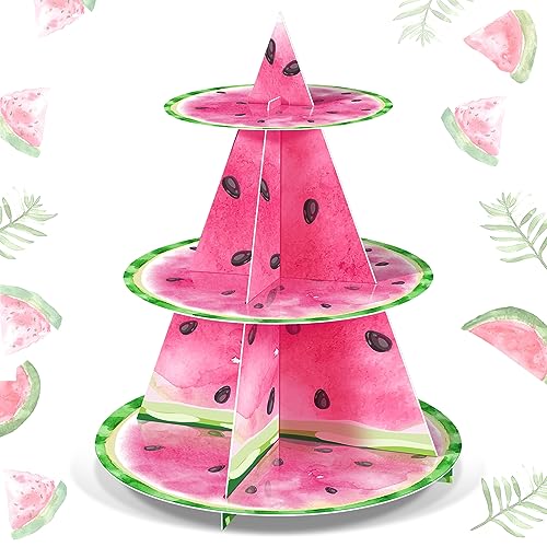 Sliner 3 Tier Watermelon Cupcake Stand One in a Melon Party Decorations Watermelon Theme Cake Holder Pink Birthday Dessert Tower for Kids Girls Adults Baby Shower Wedding Party Favor Supplies