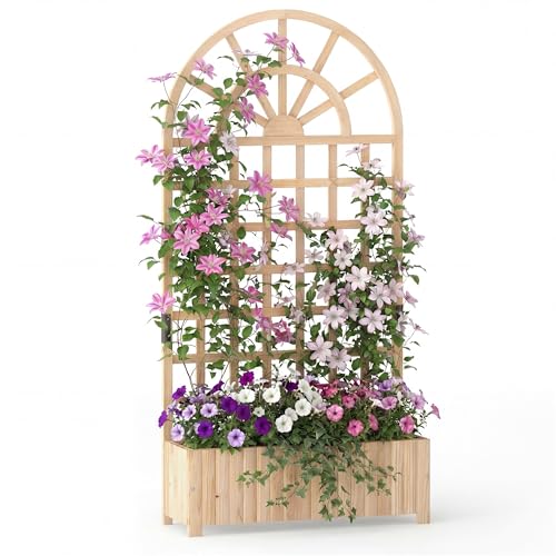 HOMASIS Jardinière avec Treillis en Bois, Carré Potager Jardinière Brise-Vue avec Trou Drainage, Lit Surélevé de Jardin, pour Plante Grimpante Vigne,...
