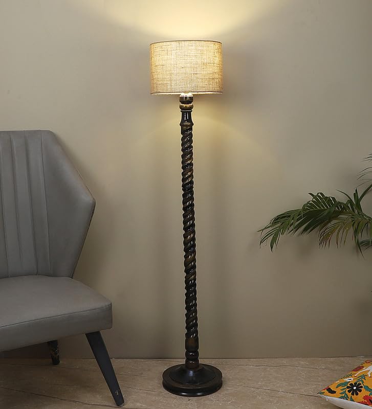 Image of tu casa Mango Wooden Floor Lamps with Spiral Base & Off-White Shade for Home Decor, Bedrooms Corner, Living Room, Gifting, Diwali Decoration, Office, Study Room (Height: - 56 inch) - Bulb not Included
