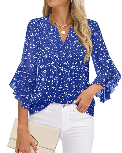 Image of Timeson Women's Short Sleeve V Neck Blouses Shirts Floral Double Layers Mesh Tunics Tops