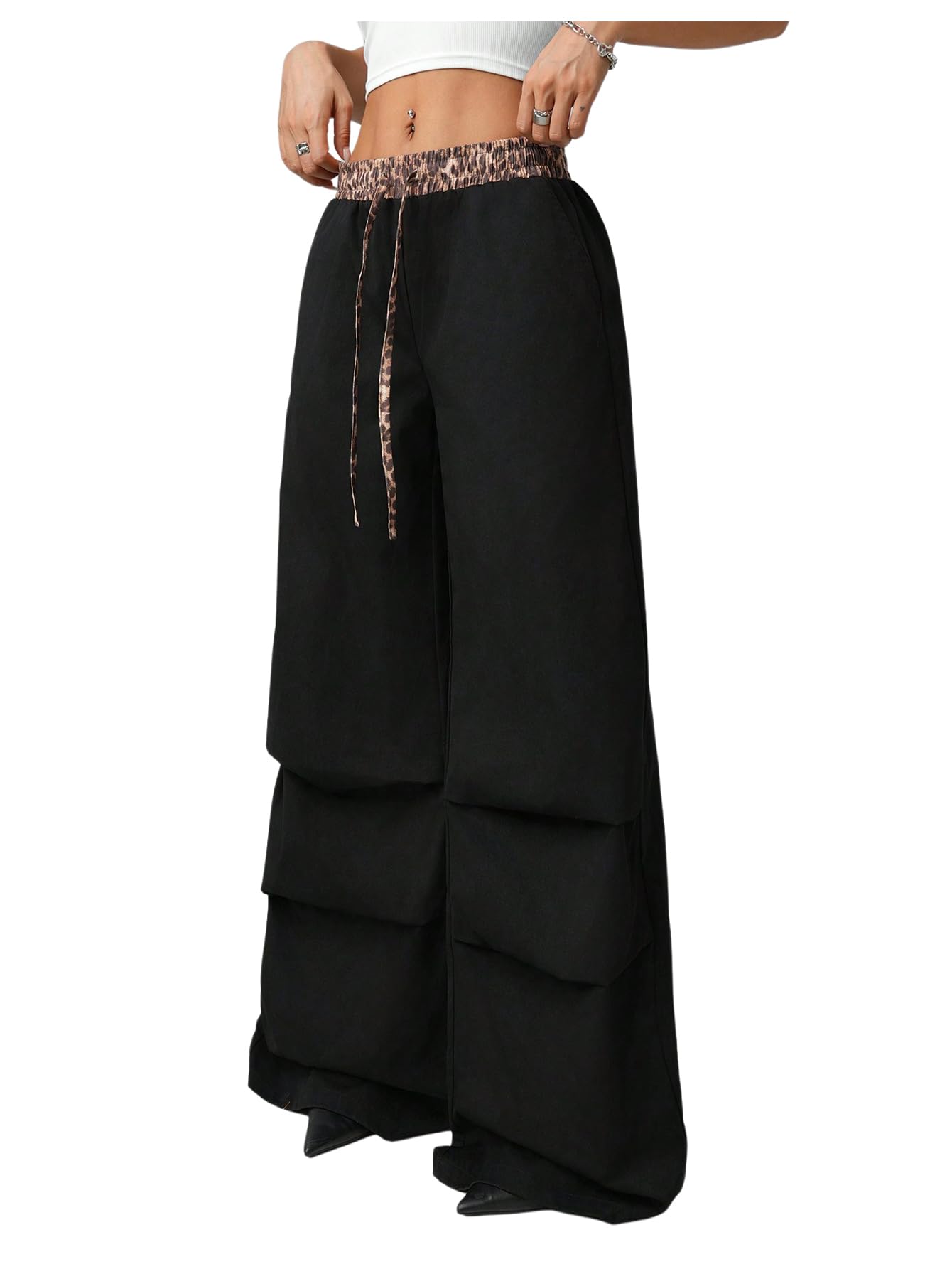 SweatyRocks Womens Leopard Print Wide Leg Pants Ruched Low Rise Drawstring Y2K Trousers Streetwear
