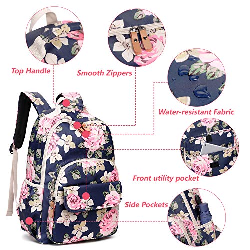 Image of Leaper Floral Backpack casual Bookbag Daypack USB Charging Port Dark Blue