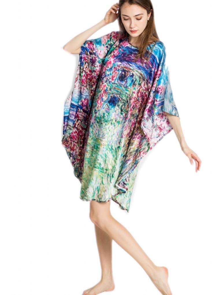 Peignoir Nuisette Femme Long Grande Taille Chemise de Nuit 100% Soie Kimono d´Art Tableau