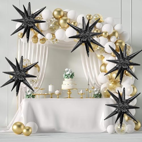 Image of Star Balloons, 6 PCS Black Star Balloons 22 Inch Explosion Foil Mylar Balloon Starburst Balloon Cone Balloon for Bachelorette Birthday Wedding Baby Shower New Year Anniversary Graduation Party Decor