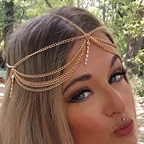 Runmi Diadema de borla bohemia para novia con perlas doradas, para festivales cadena de frente accesorios para el cabello para mujeres y niñas Cover
