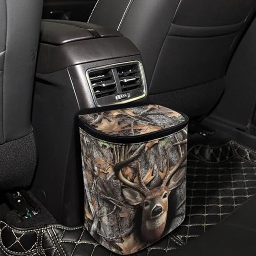 Image of Talayituse Deer Hunting Camo Print Car Trash Can with Lid, Leak Proof Auto Trash Bag Hanging Vehicle Garbage Can Multipurpose Storage Container for Back Seat Road Trip