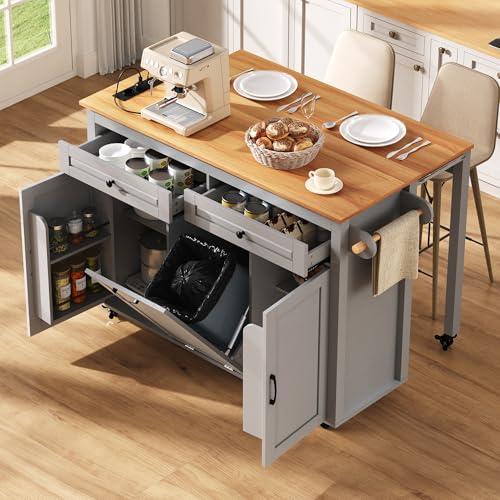 Yihomfy Îlot De Cuisine Roulant avec roulettes, Meuble De Cuisine À Plans De Travail Rabattables, Îlot De Cuisine avec Prise Électrique pour Cuisines Et...