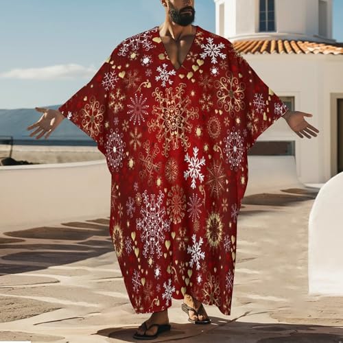 Winter Snowflake Red Christmas Pattern Men's V-neck Robe Middle East Arabian Robe Butterfly Sleeves Kaftan2