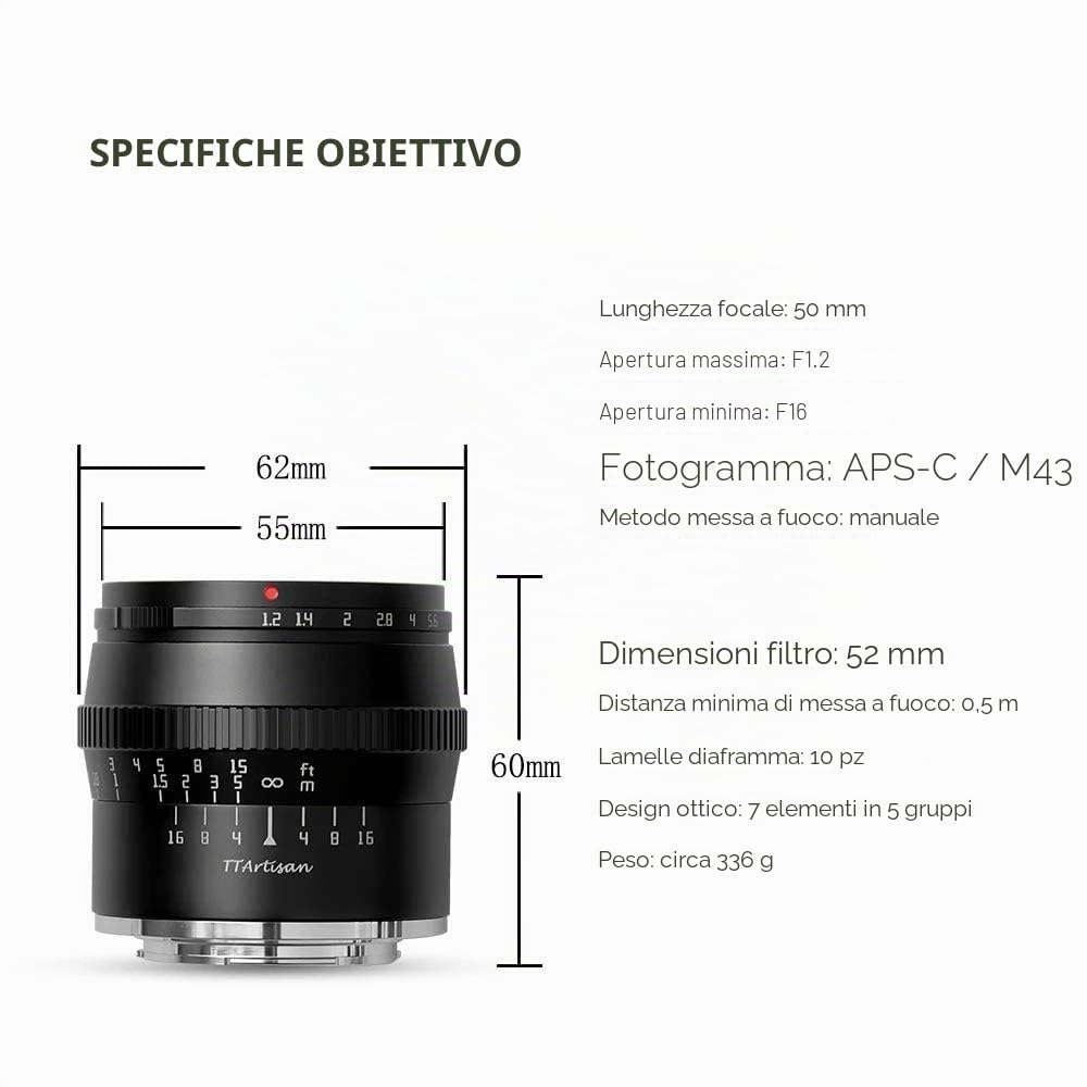 TTARTISAN 50mm F1.2 Obiettivo per fotocamere APS-C Obiettivo primario a grande apertura con messa a fuoco manuale per Fuji X Mount