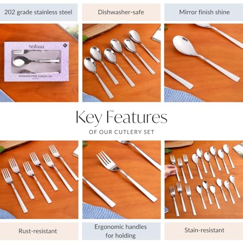 Image of Nestasia Stainless Steel Cutlery Set of 18 - Dishwasher Safe & Rust Resistant Spoon, Fork & Dessert Spoon Set - Ring Cut Cutlery Set for Dining Table, Kitchen & Gifting