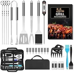 Kit de ferramentas para churrasco em aço inoxidável durável de alta temperatura com 25 peças e bolsa de tecido Oxford (com escova de limpeza e termômetro)