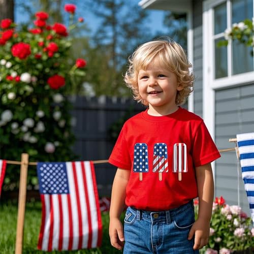 Image of Toddler Boys Girls 4th of July Short Sleeve Shirt - Kids Patriotic American Flag Memorial Day USA Tops 2-7T