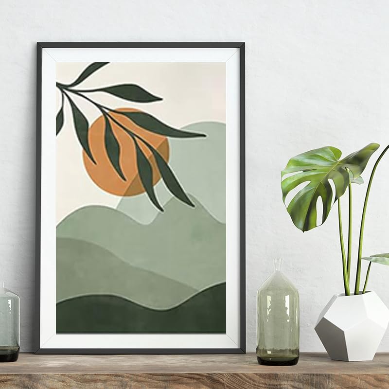 Set di 3 stampe geometriche moderne di metà secolo, verde salvia e giallo, decorazione da parete Boho, arte astratta stampabile, stampe con linee arcobaleno - Italia