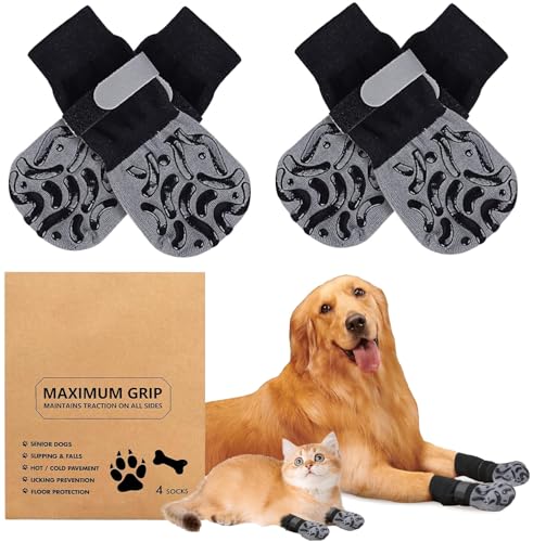 Aubzy 2 Paar Weiche Hundesocken Anti-Rutsch, Doppelseitig Pfotenschutz mit verstellbarem Klettverschluss Riemen, Leuchtband Leopardenmuster, Innen/Outdoor Leckschutz Hund Verletzung(M)