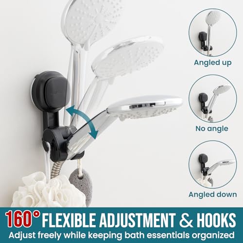 Image of TAILI Shower Head Holder Suction,Visible Safety,with Hooks,Black | height angle adjustable,handheld shower wand bracket,no-drill removable waterproof,plastic,wall mounted,universal,kids,pets