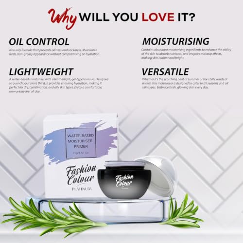 Image of FASHION COLOUR Platinum Water-based Moisturizer Primer | Lightweight Moisturiser Primer to Brighten Skin, Enhance Glow | Gives Non-Greasy Fresh Glowing Skin - For Men & Women | 45g (Pack of 2)