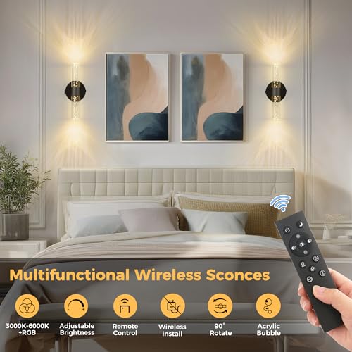 Image of DORESshop Battery Operated Wall Sconces Set of 2, 10000mAh Rechargeable Wall Sconce with Bubble Crystal, 9 Color Dimmable Wireless Wall Sconce, Sconce Wall Decor for Living Room, Bedroom, Black 12in