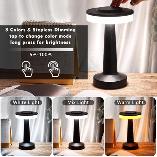 Image of Riakrum 4 Pcs LED Cordless Table Lamp Bulk Rechargeable,Black | Portable Wireless Lamps, 3 Color Stepless Dimming, 15 Hour Battery, Touch Control, Wedding Home Restaurant Decor