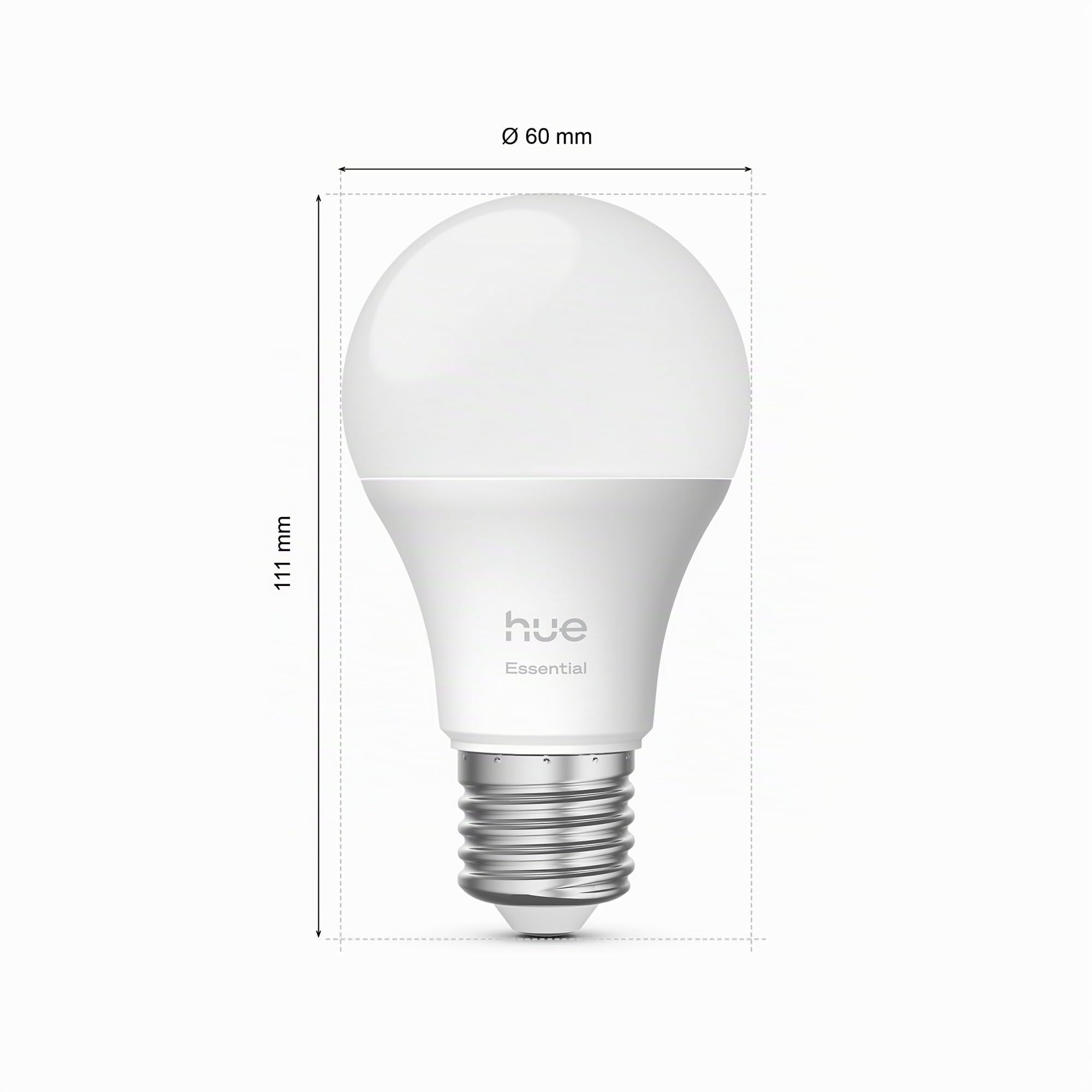 Philips Hue Essential - Bombilla Led Inteligente A60 Smart (4), luz blanca y colores, luminaria led E27 Base, 8 W, 2200 K-6500 K, 806 lm, regulable, compatible con Alexa, Google Assistant y Apple Home