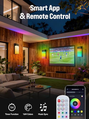 Image of OIYN Outdoor Wall Light, Smart RGBICWW Porch Lights Outdoor, 1500LM Modern Wall Sconce with 30+ Scene Modes, Remote & APP Control, IP65 Waterproof Color-Changing DIY for Outdoor Decor, 2 Pack