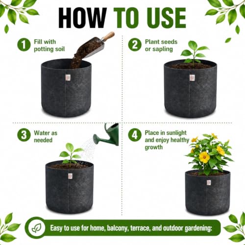 Image of Casa De Amor 400 GSM Geo Fabric Plant Grow Bag, Dark Grey 10 x 10 Inch Pack of 5, Round Fabric Pots for Terrace, Balcony, Flowers & Vegetable Gardening