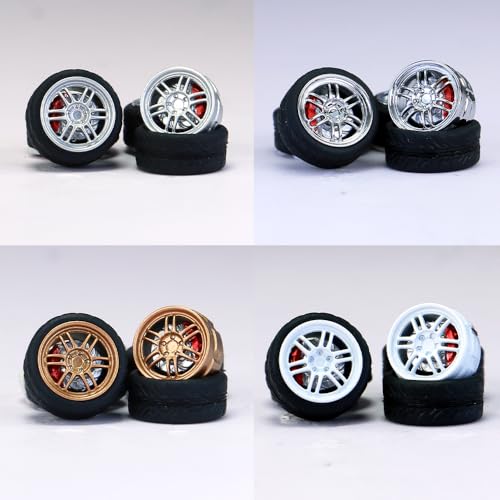 1/64 Wheels and tires for Upgraded Mainline Cast Model Car,Diameter is 0.39In, Double-shaft, 4 Sets/Pack, ABS wheels with Rubber Tires Rivet Shaft with Brake Pads (Series X(4 sets))