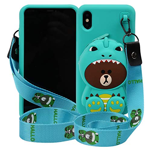 Phenix Color Cartoon Case for iPhone Xs MAX 6.5", 3D Cute Soft Silicone Animated Protective Gel Back Cover with Pocket and Detachable Necklace (Dinosaur, iPhone Xs MAX 6.5")