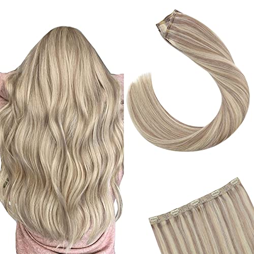 Ugeat Clip in Hair Extensions Human Hair One Piece 14 Inch One Piece Clip in Hair Extensions Real Human Hair 50Gram Ash Blonde Highlight Bleach Blonde Clip in Human Hair Extensions