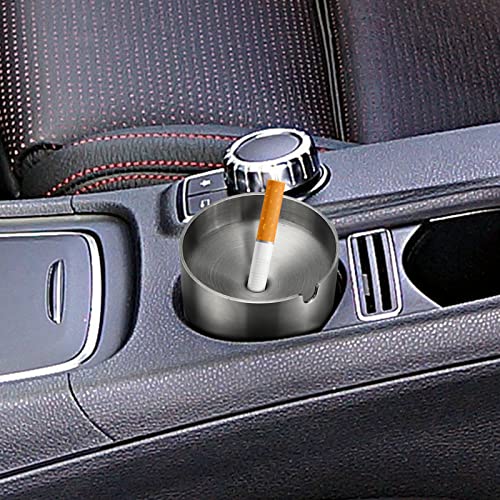 Image of Car Ashtray with Lid Smell Proof Stainless Steel Portable Ash Tray for Car Cup Holder Detachable Windproof Extinguished Cigarette Bucket for Outdoor Home Office (Silver 2Pack)