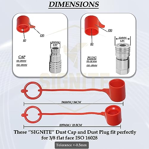 Image of 2 Sets, 3 /8 Skid Steer Bobcat Hydraulic Cap Flat Face Air Coupler Cover Male Female Dust Caps and Plug,Fits ISO 16028 Hydraulic Quick Disconnects with Hose (Red)