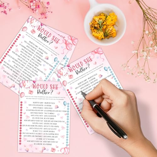 Image of Pink Slumber Party Games Card - Coquette Pink Bow Themed Sleepover Slumber Party Supplies- Sleepover Stuff- Birthday Night Games Creative Idea -Would She Rather- 20 Game Cards