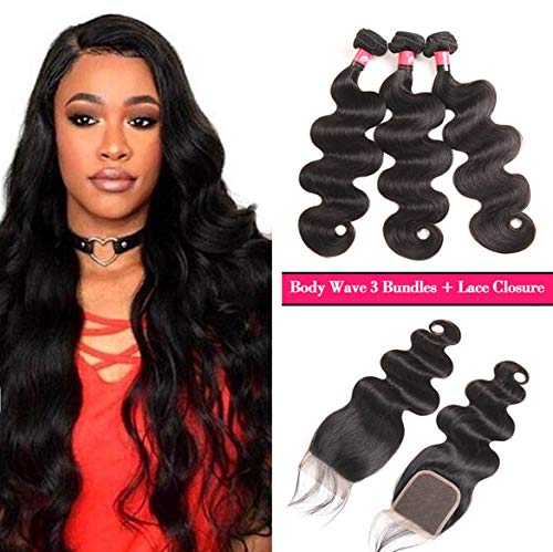West Kiss Brazilian Virgin Body Wave Human Hair Weave Pack of 3 with 1 piece Free Part Lace Closure Brazilian Remy Wavy Wholesale Hair Products (16 18 18 & 12 inch)