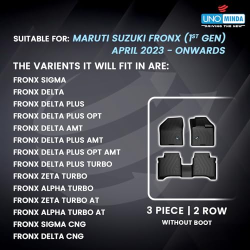 Image of Uno Minda Lifetime 5D Car Mats 3 Piece (2 Row Without Boot) for Maruti Suzuki Fronx 1st Gen April 2023 - Onwards | Anti Slip | All Weather Mats | 100% Waterproof & Washable | Custom Fit
