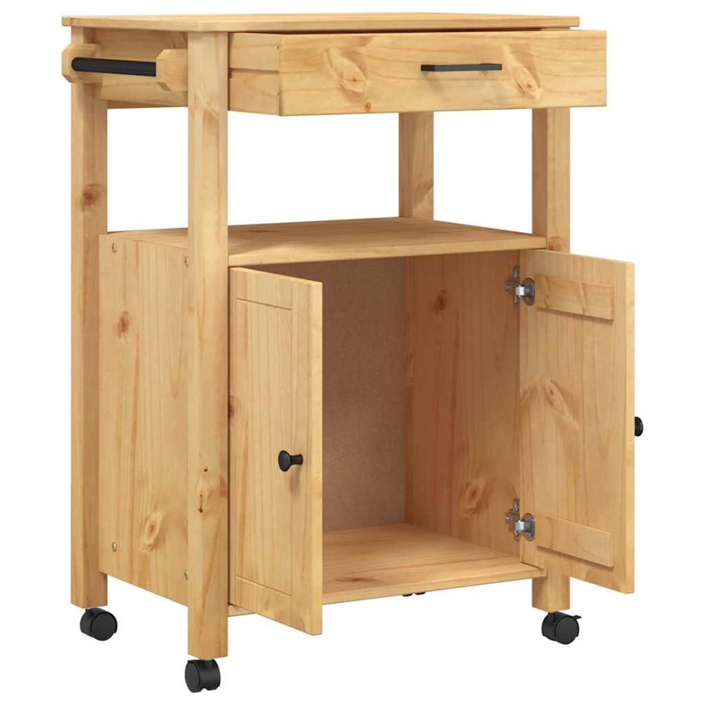 Monza - Carrello da cucina in legno di pino massiccio, 60 x 40 x 88,5 cm, con cassetto, ripiano, portasciugamani e spazio portaoggetti, versatile carrello da portata e carrello con rotelle per